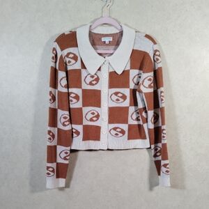H162 Earthbound cream & rust block print ying & yang cardigan M
